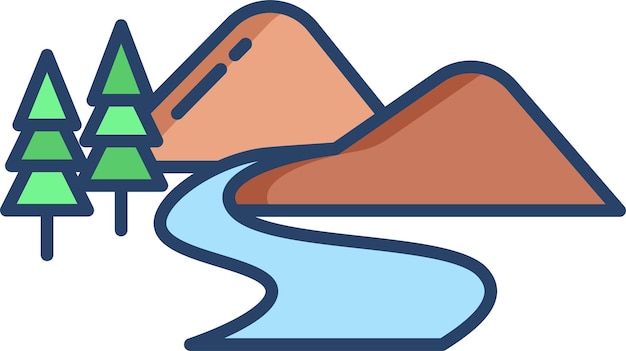 Ilustración lineal en color de la montaña y el río