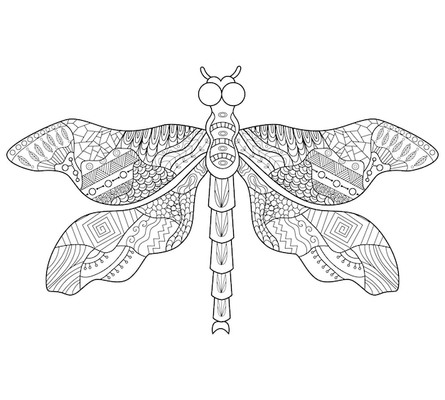 Ilustración lineal de contorno para colorear con libélula decorativa Hermosa imagen antiestrés de insectos Diseño de arte lineal para adultos o niños al estilo de tatuaje y coloración de bola Zen