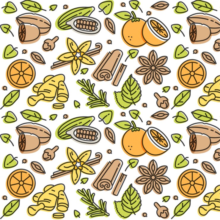 Ilustración lineal de especias e ingredientes de vino caliente. Diferentes especias: canela en rama, clavo y rodaja de cítricos. Patrón.
