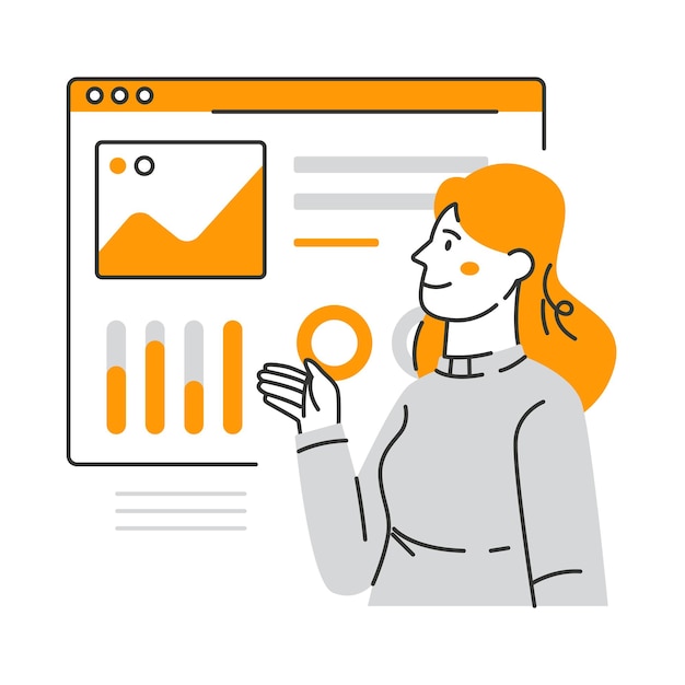 Ilustración lineal de la mujer que presenta datos perfecta para el proyecto uiux y las necesidades de diseño gráfico