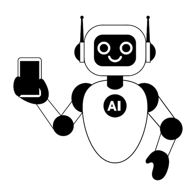 Ilustración lineal de un robot artificial que muestra un teléfono móvil inteligente aislado sobre un fondo blanco