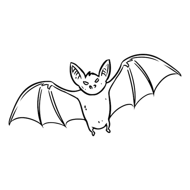 Ilustración lineal vectorial del murciélago volador estilo cómico divertido garabato de murciélago lindo icono aislado dibujado a mano elemento para halloween o pegatinas de tema de brujería pagana imprime archivos de corte láser