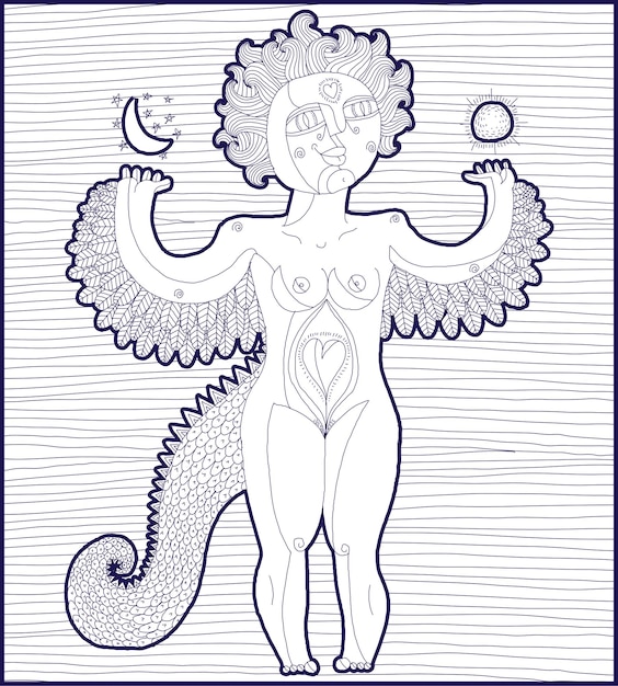 Ilustración con líneas vectoriales de criatura mística, mujer desnuda con alas, lado animal del ser humano. Imagen conceptual de la alegoría dibujada a mano de la diosa.