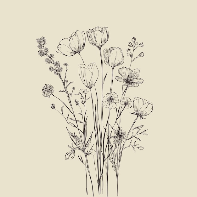 Ilustración de líneas vectoriales de flores sobre un fondo blanco