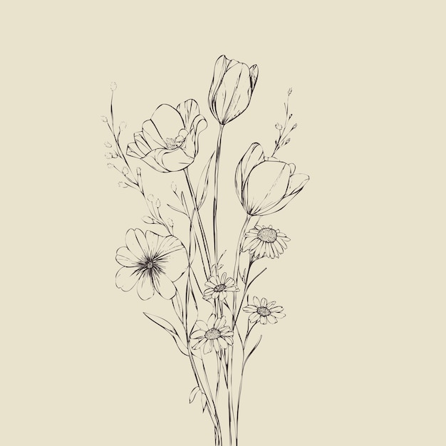 Ilustración de líneas vectoriales de flores sobre un fondo blanco