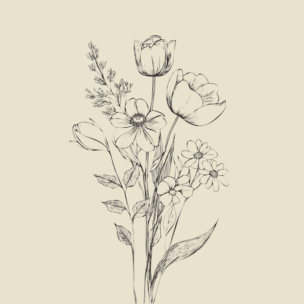 Ilustración de líneas vectoriales de flores sobre un fondo blanco