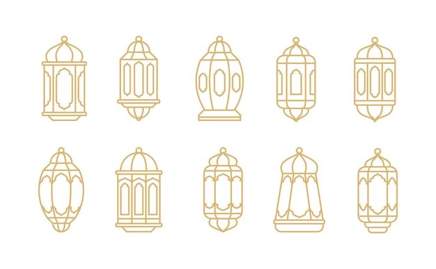 Ilustración de linterna árabe ornamento iconos de oro delineado colección de linterna de Ramadán