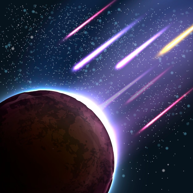 Ilustración de lluvia de meteoritos en un planeta. La caída de meteorito, asteroide, cometa entra en la atmósfera. Fondo apocalíptico