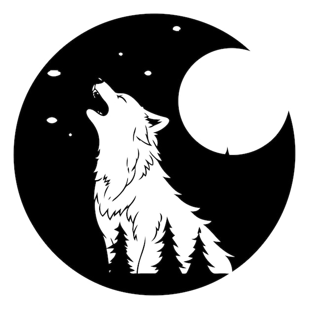 Ilustración de un lobo aullando a la luna colocada dentro de un círculo en un fondo aislado hecho en estilo de dibujos animados