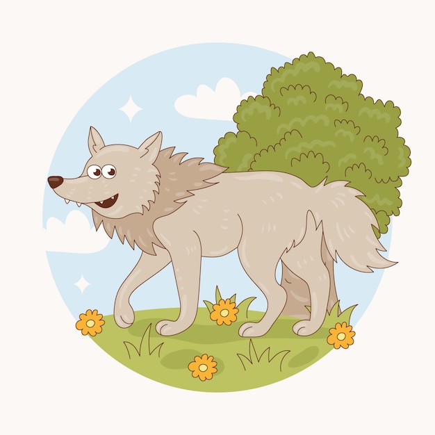 Vector ilustración de lobo de dibujos animados dibujados a mano