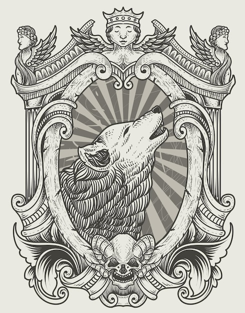 Ilustración lobo vintage con estilo de grabado