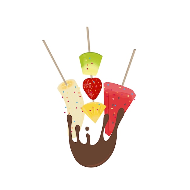 Ilustración Logo Fruta Fresca Con Una Brocheta Y Bañada En Chocolate o Es Kul Kul