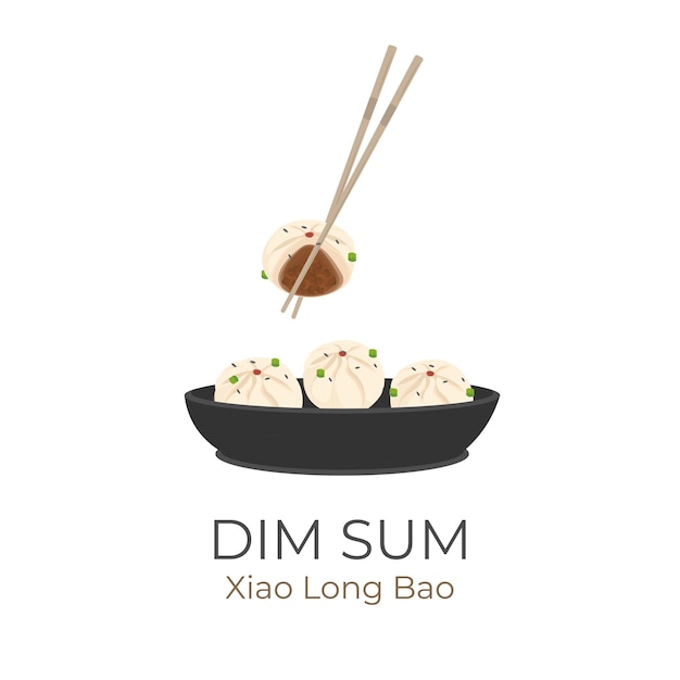 Ilustración del logotipo de las albóndigas chinas Xiao Long Bao servidas en un tazón negro