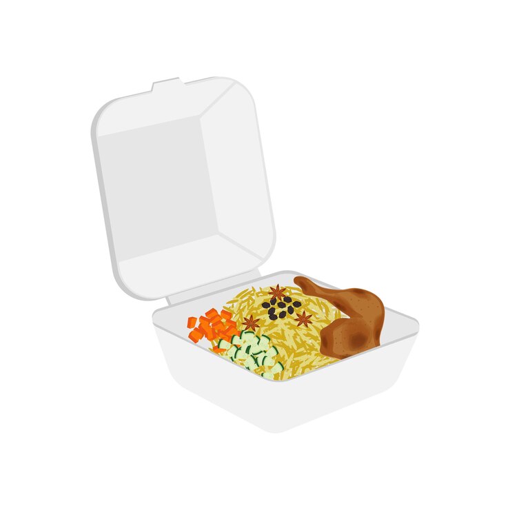 Ilustración del logotipo de arroz kebuli de pollo o Nasi kebuli Ayam en una caja de espuma de poliestireno