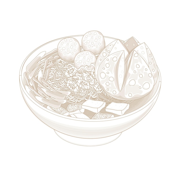 Ilustración del logotipo Arte de línea Mie ayam Bakso ceker Sopa de fideos de pollo indonesio Con bakso o carne