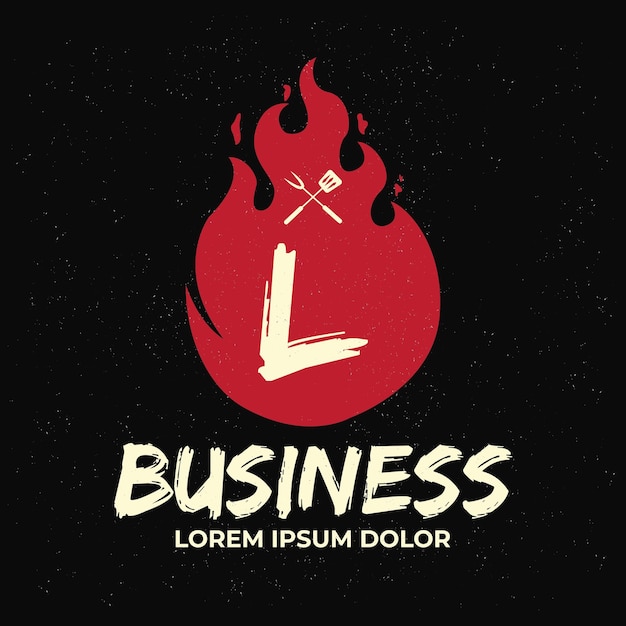 Ilustración del logotipo de barbacoa Logotipo de barbacoa y concepto de fuego en combinación con estilo vintage de espátula