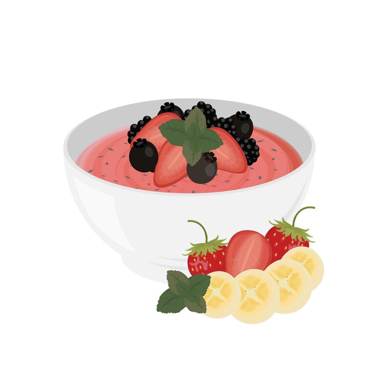 Ilustración del logotipo de un batido de fresa rosa con fruta fresca en un tazón
