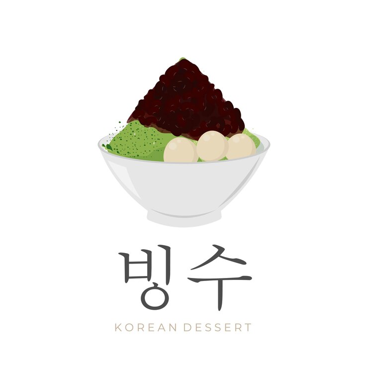 Ilustración del logotipo de Bingsu o Kakigori de hielo raspado coreano con sabor a Matcha