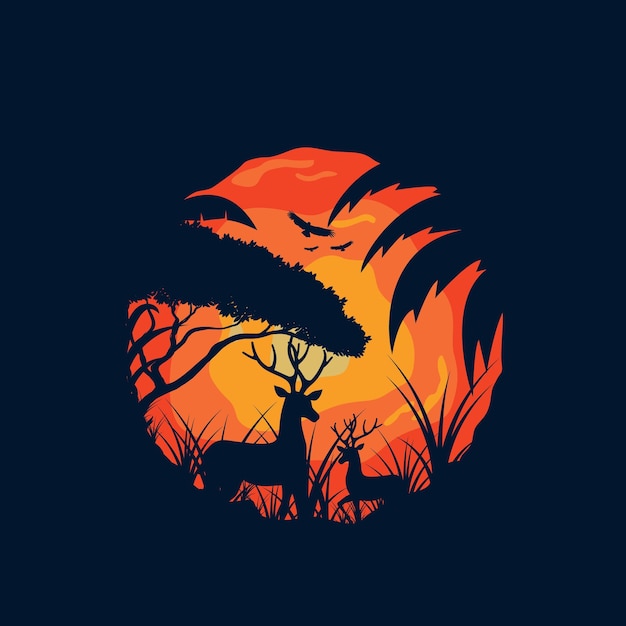 Ilustración del logotipo de bosque y ciervo con diseño vectorial Sunset Outdoor Inspiración