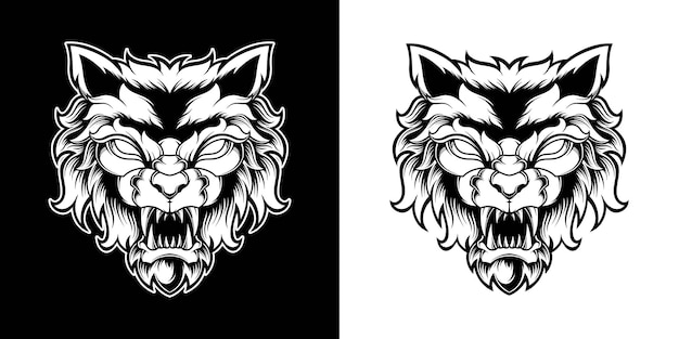 ILUSTRACIÓN DEL LOGOTIPO DE CABEZA DE LOBO BLANCO Y NEGRO