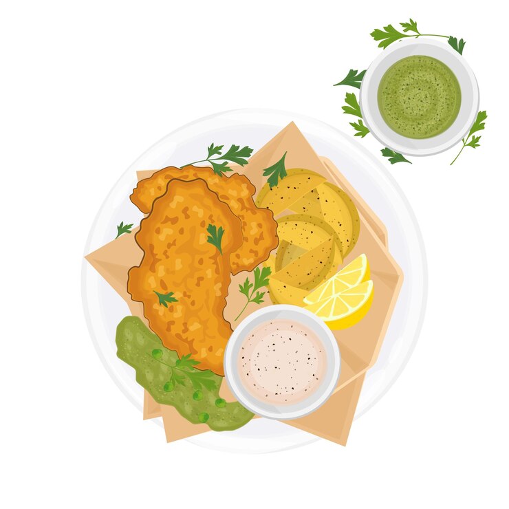Ilustración del logotipo Clipart British Fish and Chips con tartaro y guisantes