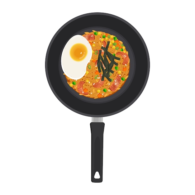 Ilustración del logotipo Clipart cocinando Kimchi Bokkeumbap o Kimchi coreano arroz frito en una sartén