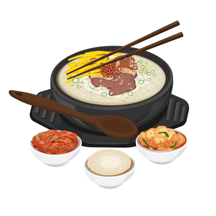 Ilustración del logotipo Clipart Comida coreana Gomtang o sopa de huesos de res con arroz y kimchi