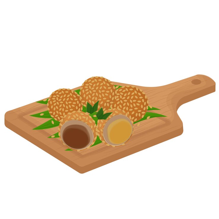 Vector ilustración del logotipo clipart comida tradicional indonesia onde onde o bolas de sésamo en una tabla de madera