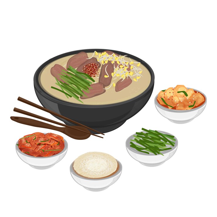 Ilustración del logotipo del clipart coreano Kongnamul Gukbap con Banchan