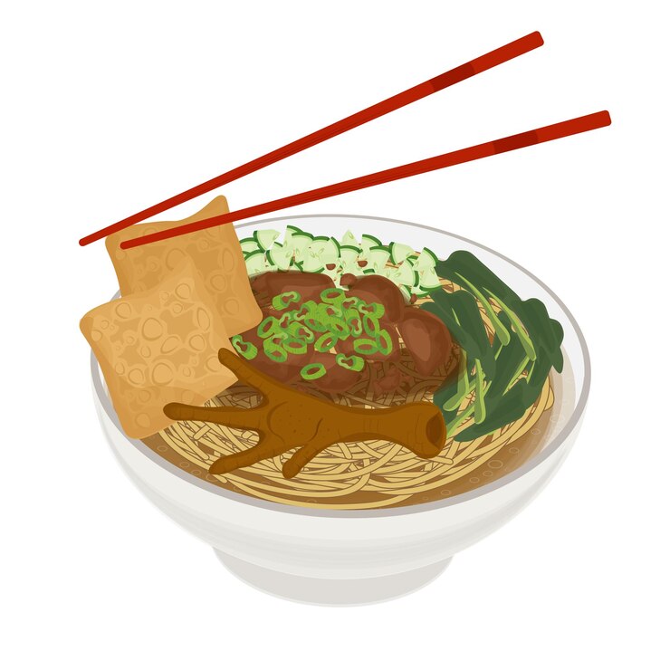 Ilustración del logotipo Clipart Delicious Mie ayam ceker o sopa de fideos de pollo indonesio