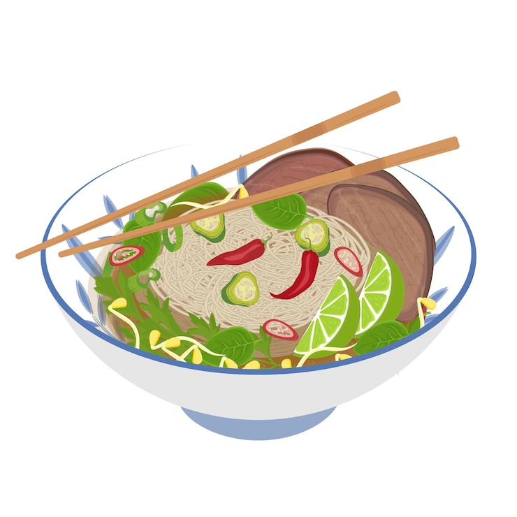 Ilustración del logotipo Clipart fideos de arroz vietnamitas Pho Noodles o Pho bo Noodles