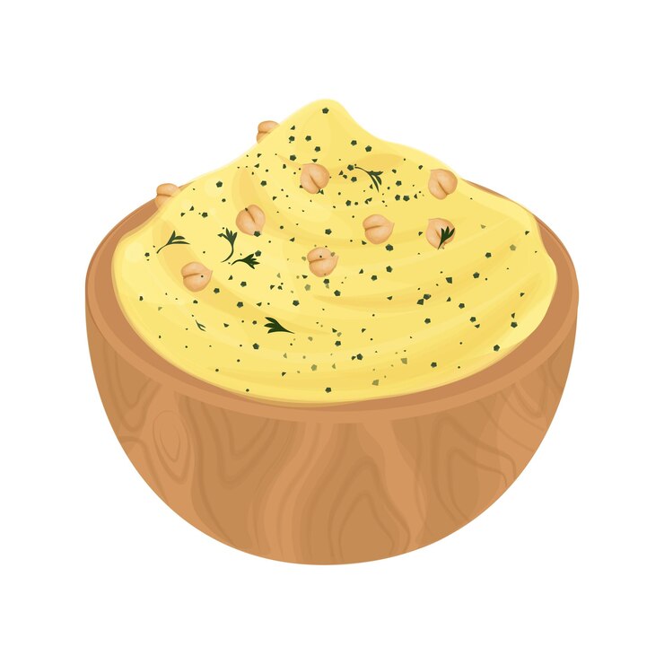 Ilustración del logotipo Clipart Hummus vegano en un cuenco de madera
