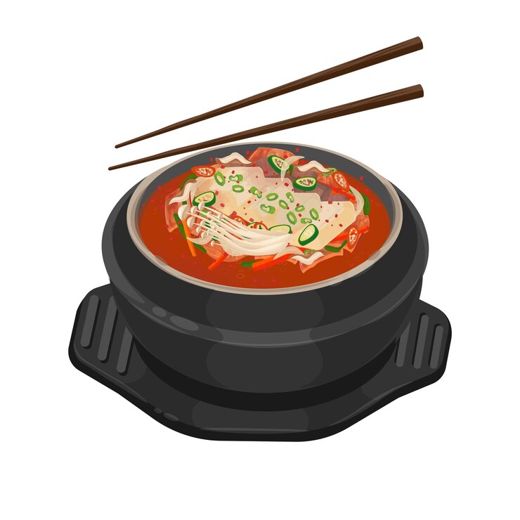 Ilustración del logotipo del clipart Kimchi Jjigae o guiso de Kimchi en un Ttukbaegi