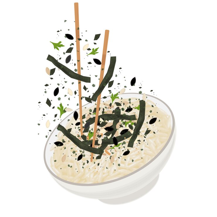 Ilustración Logotipo Clipart Levitación arroz blanco con escamas de furikake
