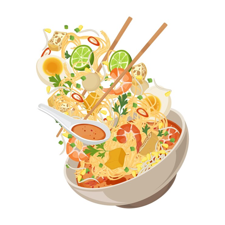 Ilustración Logotipo Clipart Levitación Curry picante Laksa Cangrejo Noodle Sopa de Laksa