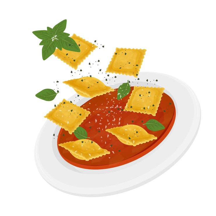Ilustración del logotipo Clipart Levitación Ravioli italiano con salsa de tomate