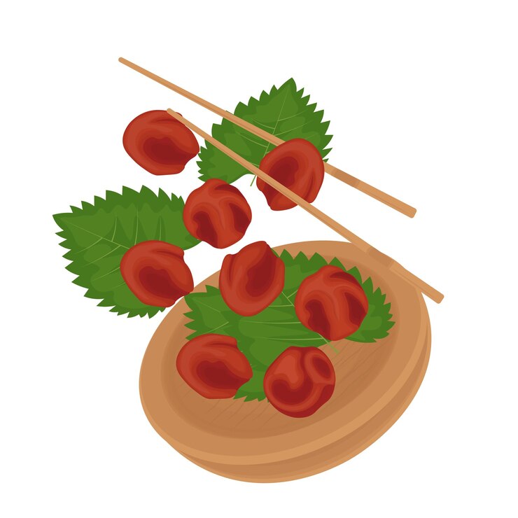 Ilustración Logotipo Clipart Levitación Umeboshi Ciruelas picadas japonesas con hojas de Shiso