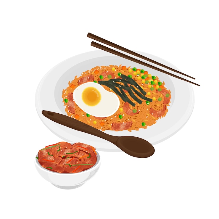 Ilustración del logotipo Clipart Listo para comer arroz frito de kimchi con kimchi separado en un cuenco