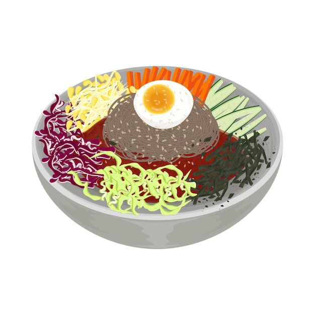 Ilustración del logotipo Clipart listo para comer Makguksu coreano picante fideos fríos en un cuenco