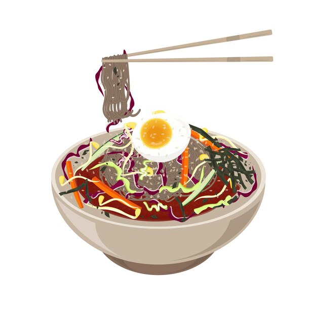 Ilustración del logotipo Clipart listo para comer Makguksu fideos fríos picantes coreanos o Bibim Guksu