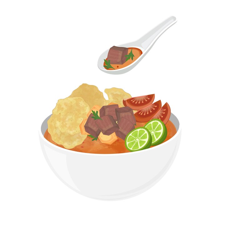 Ilustración del logotipo Clipart Listo para comer Soto Betawi o Soto Tangkar Sopa de carne de res de Indonesia