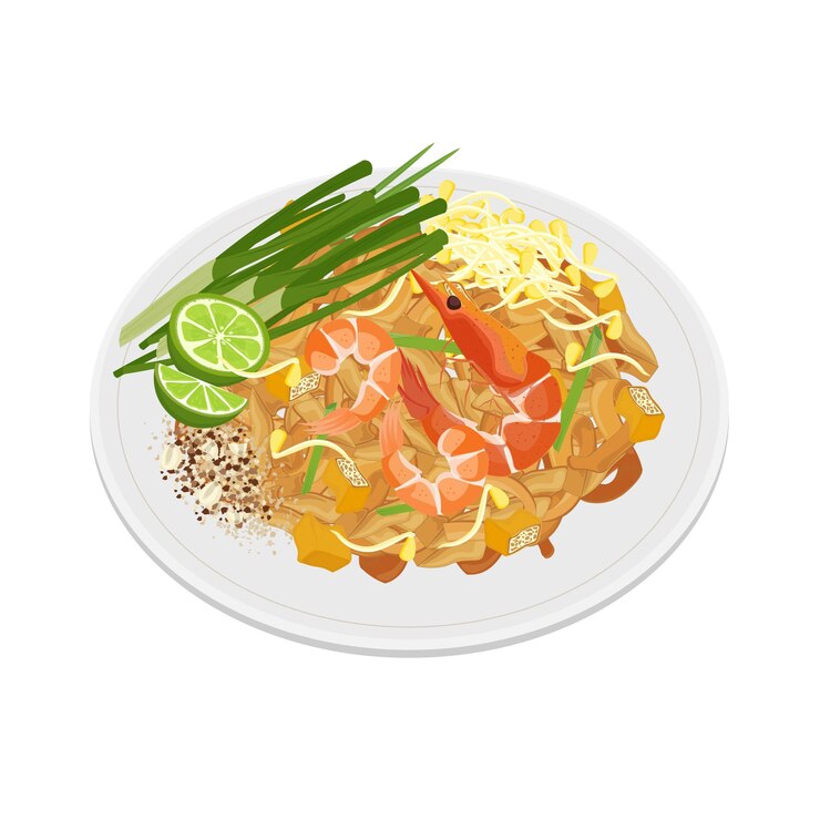 Ilustración del logotipo Clipart Pad Thai con fideos de arroz frito en un plato blanco