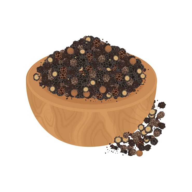 Ilustración del logotipo Clipart Pimienta negra o granos de pimienta en un cuenco de madera