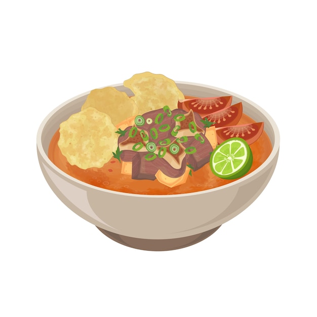 Ilustración del logotipo Clipart Soto Betawi o Soto Tangkar Sopa de carne de res indonesia con Emping Melinjo