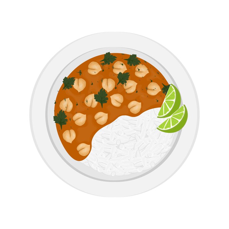 Ilustración del logotipo Clipart Vista superior Chana masala Curry de chickpea con arroz basmati