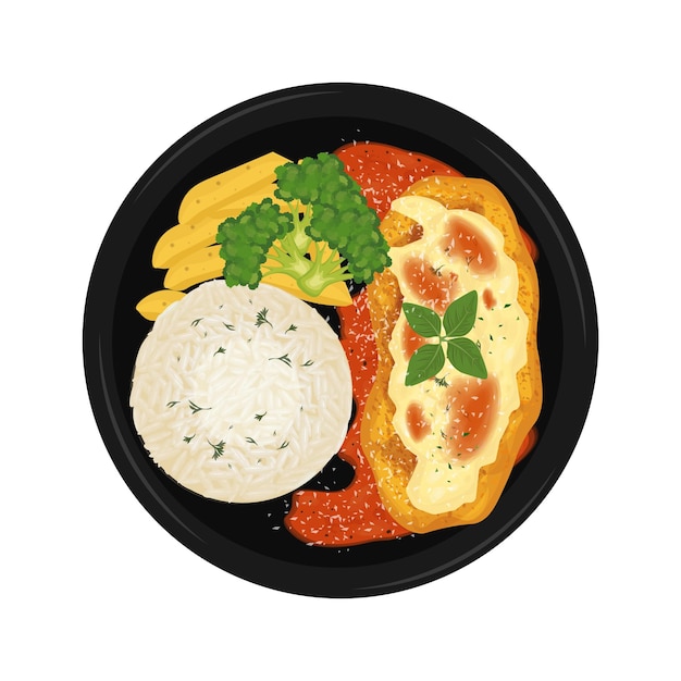 Ilustración del logotipo Clipart vista superior pollo parmesano o pollo parmigiana con arroz
