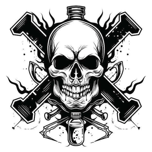 Ilustración de un logotipo de cráneo humano cráneo monocromático dibujado a mano sobre un fondo blanco