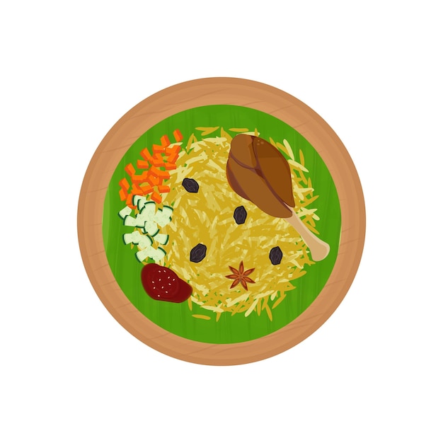 Vector ilustración del logotipo de delicious kebuli rice o nasi kebuli en un plato de madera