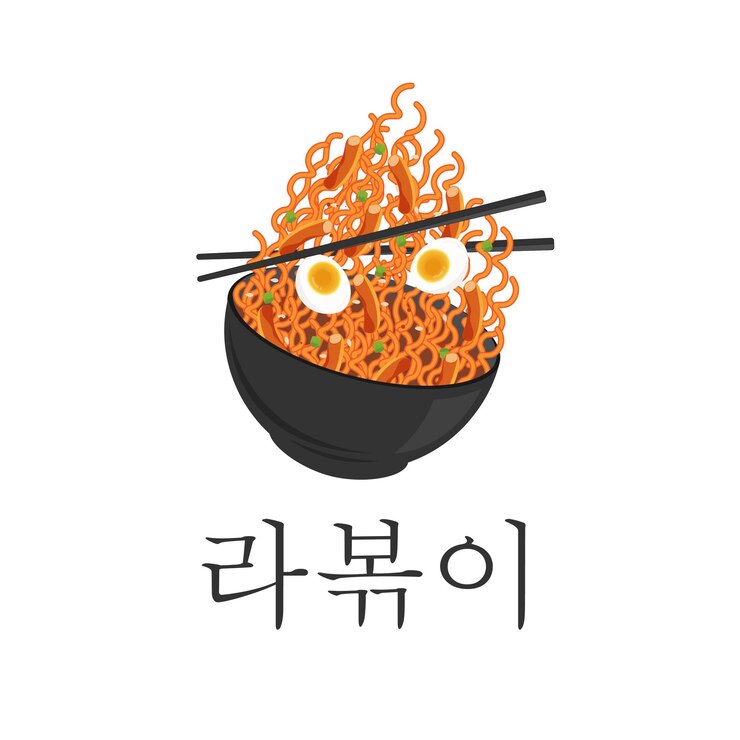 Ilustración del logotipo de los fideos instantáneos picantes coreanos Ramyeon Tteokbokki Rabokki en un tazón