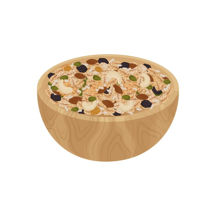 Ilustración del logotipo de granos de granola saludables en un cuenco de madera